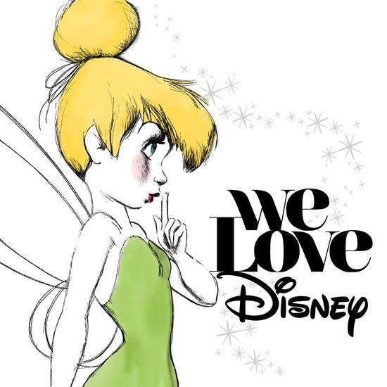 Tinkelbel in een groen jurkje met een vingertje voor de mond, met de tekst 'We Love Disney'.