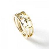 14 karaat geel gouden ring bestaande uit 3 bandjes waaraan de verschillende stippen zijn bevestigd en als een puzzel in elkaar grijpen. In de grootste stip is een 0.035ct diamant g