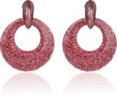 Oorbellen Met Glitters - Rond - Oorhangers 4x4 cm - Donker Roze