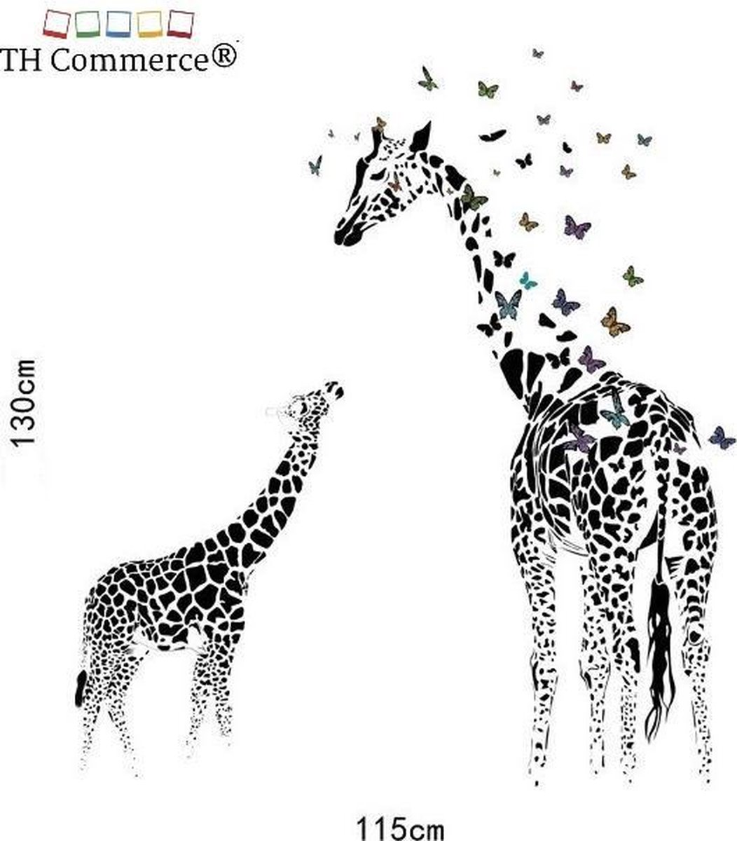 TH Commerce Giraffe Giraf met jong zwart wit - Muursticker Wanddecoratie Huiskamer Woonkamer TH Commerce 383