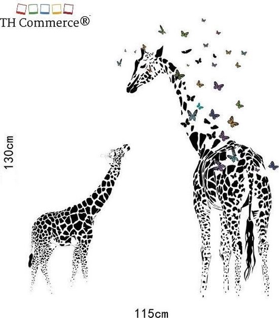 Giraffe Giraf met jong zwart wit - Muursticker Wanddecoratie Huiskamer Woonkamer TH Commerce 383