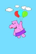 Pink Hippo Flying With Balloons In Blue Sky