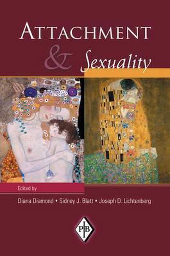 Boekomslag 'Attachment & Sexuality', met twee schilderijen in Gustav Klimt-stijl: een moeder met kind en een koppel. Redacteur: Diana Diamond, Sidney J. Blatt, Joseph D. Lichtenberg.