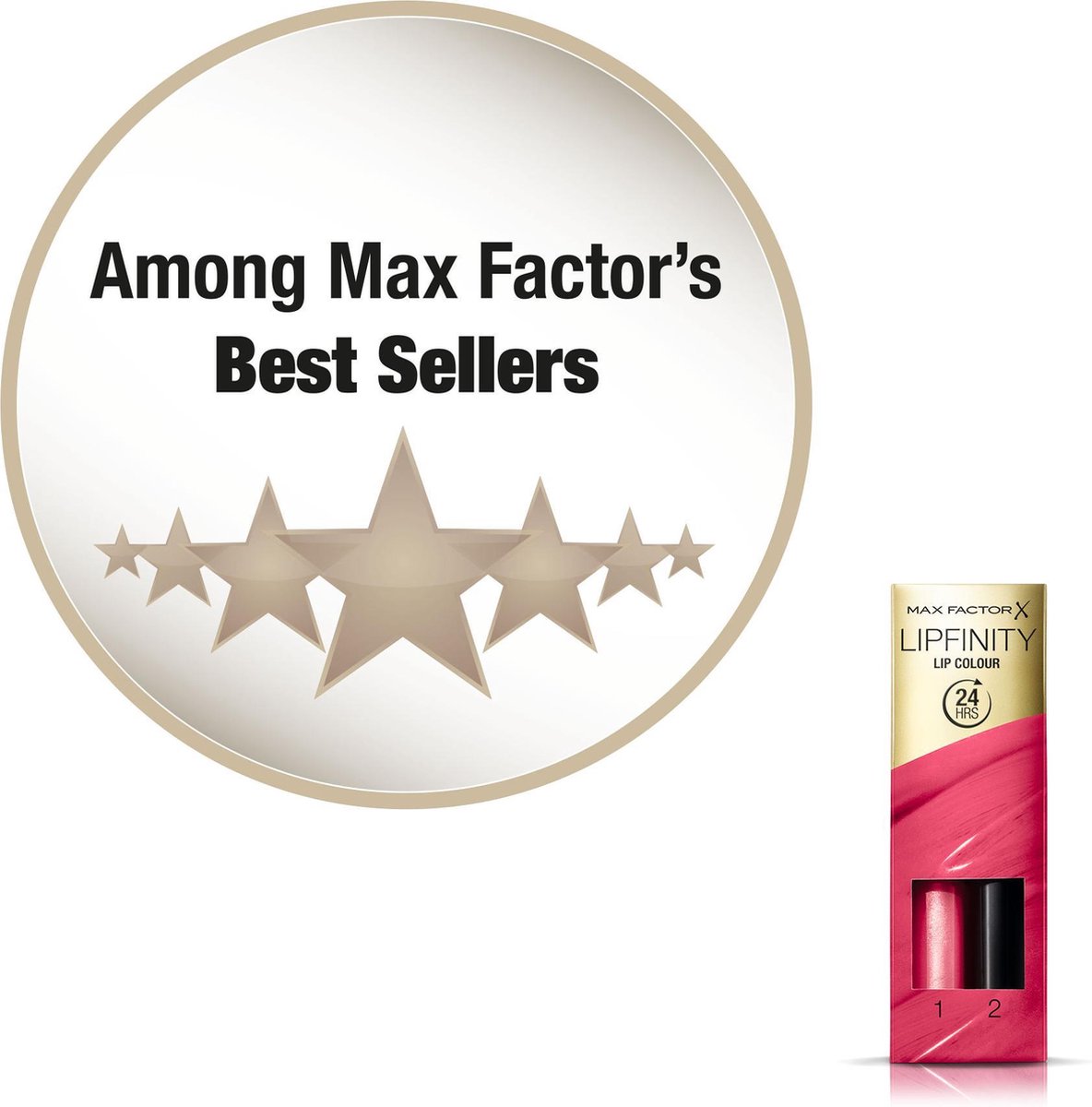 Verpakking Max Factor Lipfinity Lip Colour 24 uur, met twee stappen: lipkleur en top coat. Levendige roze kleur.