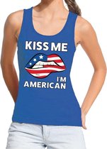 Kiss me I am American tanktop / mouwloos shirt blauw dames - feest shirts dames - USA kleding S