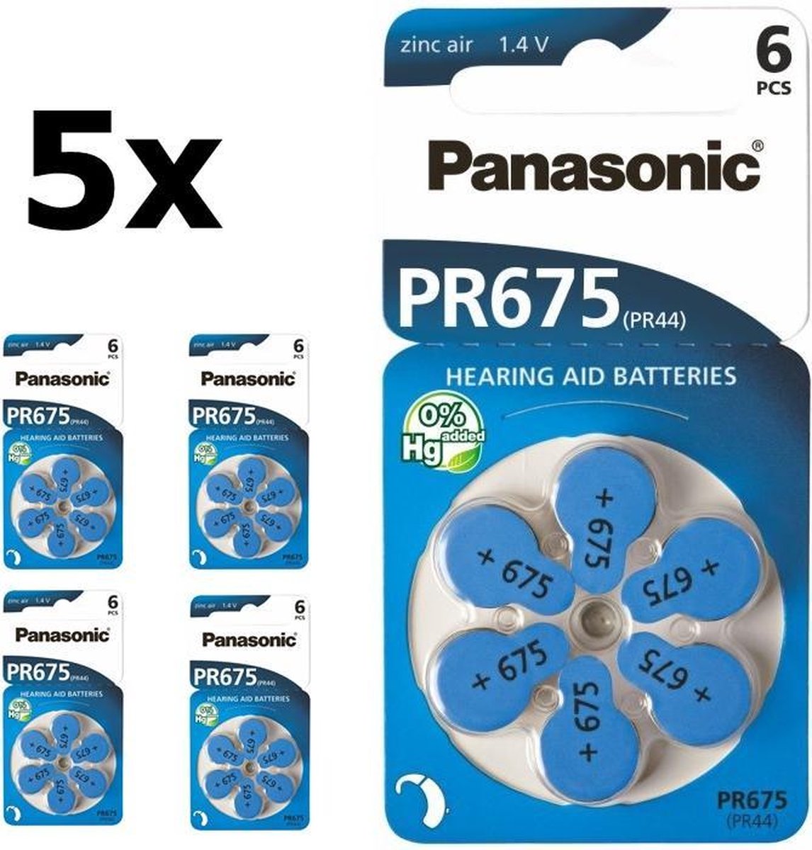 30 Stuks (5 Blisters a 6St) - Panasonic 675 / PR675 / PR44 Gehoorapparaat batterijen