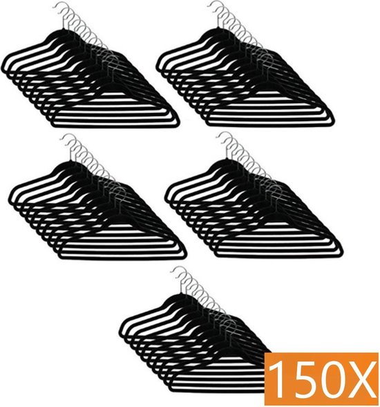 Kledinghangerset 150 stuks - Non slip kledinghangers - Fluweel zwart