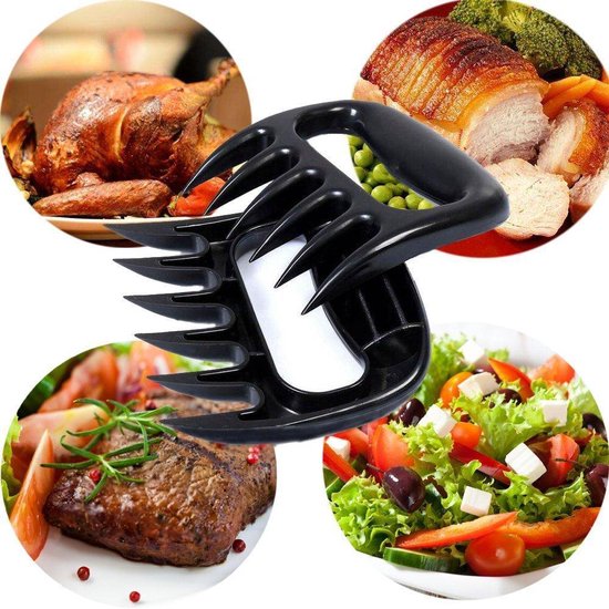 Zwarte vleesklauw omringd door afbeeldingen van gebraden kip, varkensvlees, steak en salade.