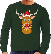 Foute kersttrui / sweater met Rudolf het rendier met rode kerstmuts groen voor heren - Kersttruien S (48)