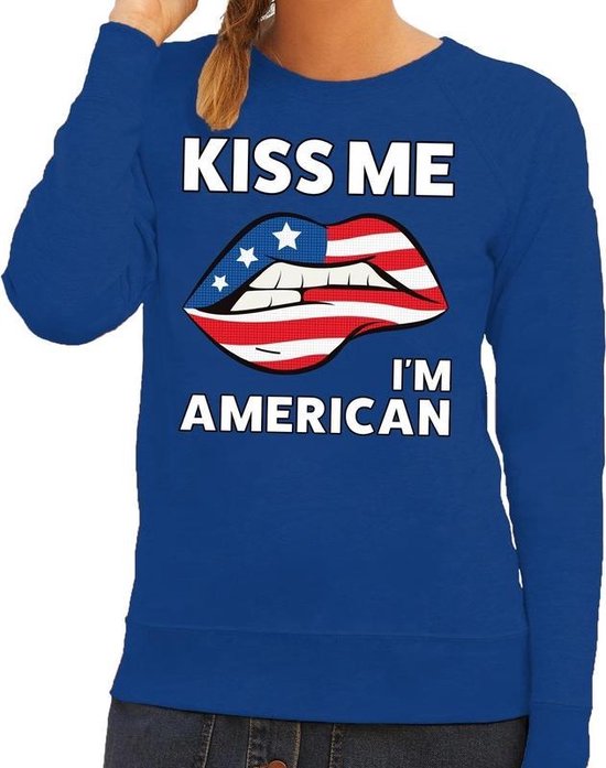 Kiss me I am American sweater blauw dames - feest trui dames - USA kleding S