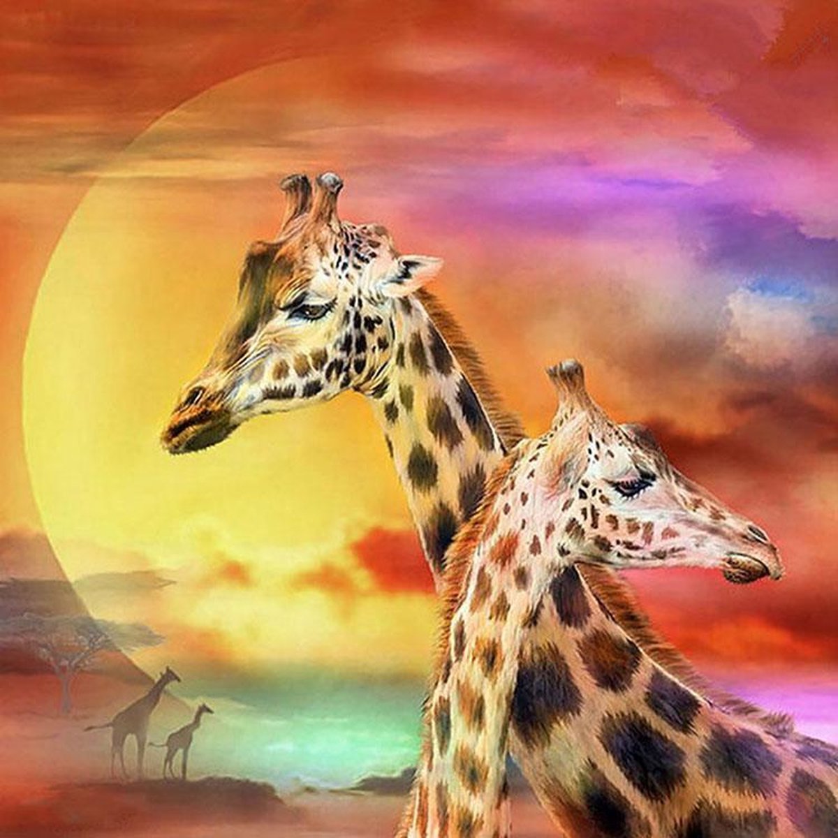 Diamond Painting World™ Giraffen op de savanne - Diamond painting pakket - volledig bedekt - 30x30cm