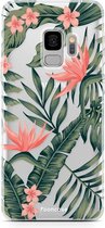 Fooncase Hoesje Geschikt voor Samsung Galaxy S9 - Shockproof Case - Back Cover / Soft Case - Tropical Desire / Bladeren / Roze