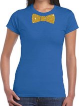 Blauw fun t-shirt met vlinderdas in glitter goud dames S
