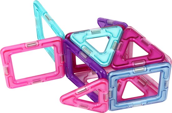 Roze, paarse en blauwe Magformers vormen een visachtig bouwwerk.