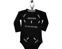 Baby Romper zwart met tekst bedrukking | Hoofd Arm Been pijlen je kunt / kan het pap / papa / pappie | lange mouw | zwart wit | maat 62/68 | I love vaderdag cadeau