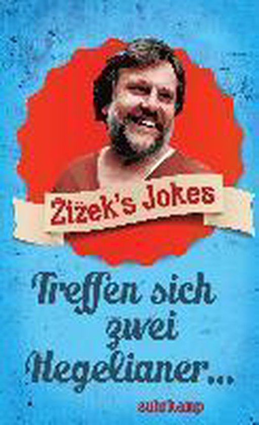 Livre intitulé 'Zizek's Jokes'. Un homme barbu aux cheveux courts sourit. Fond rouge et bleu.