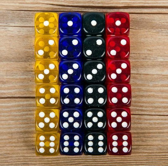 Thumbnail van een extra afbeelding van het spel 24 Gekleurde Dobbelstenen - 6 Rood - 6 Geel - 6 Blauw - 6 Groen - 16 millimeter