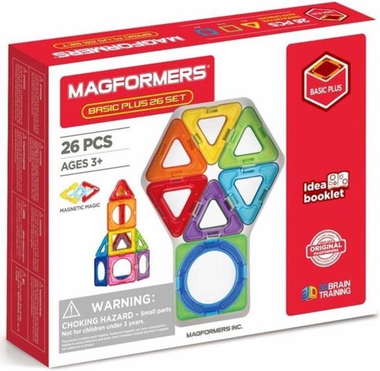 De doos van Magformers Basic Plus Set, met een afbeelding van de bouwstenen en constructies.