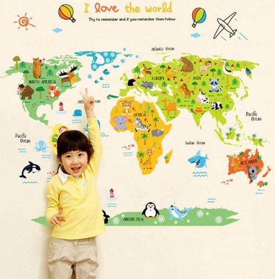 Muursticker wereldkaart kinderen | babykamer - kinderkamer | modern - kleurrijk