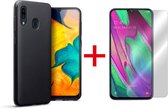 Samsung Galaxy A30 Hoesje - Siliconen Back Cover & Glazen Screenprotector - Zwart