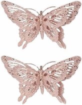 2x Kerstboomversiering roze glitter vlinder op clip 15 cm - Decoratie vlinders roze glitters 2 stuks