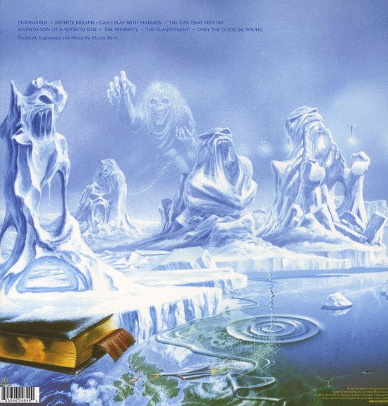 De achterkant van de 'Seventh Son of a Seventh Son' LP-hoes, met Eddie te midden van ijzige sculpturen en een open boek.
