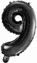 Folie Ballon Cijfer 9 Zwart 41cm met rietje