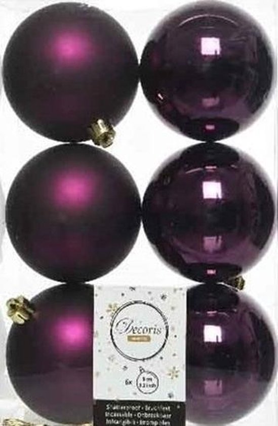 6x Aubergine paarse kunststof kerstballen 8 cm Mat/glans Onbreekbare plastic...