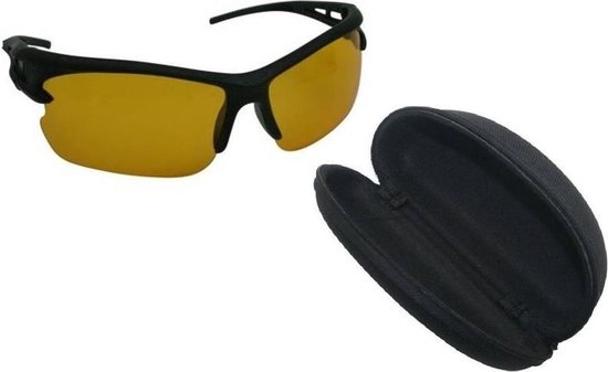 Nachtzicht bril zwart inclusief kunststof opberghoes / brillenkoker - volwassenen - nachtblind bril / nachtbril