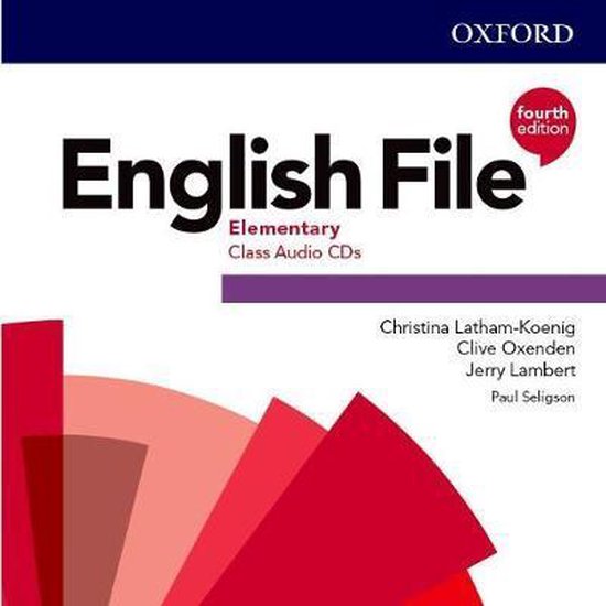 English File Elementary Class Audio CDs, quatrième édition, avec logo Oxford et illustrations en éventail rouge et rose.