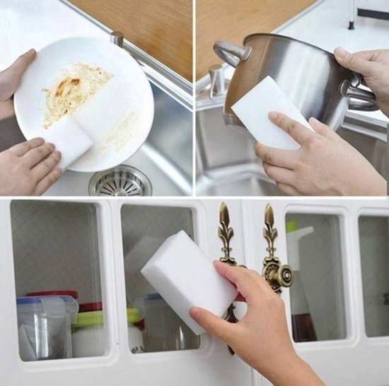 Collage van witte sponzen die worden gebruikt voor het schoonmaken van een bord, een pan en een kastdeur.