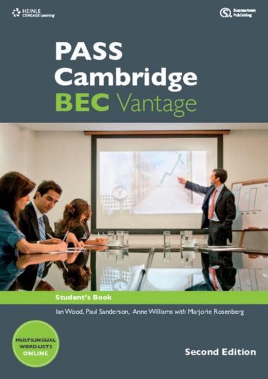 Voorkant van het "PASS Cambridge BEC Vantage Student's Book, Second Edition" boek met docent die presenteert aan studenten.