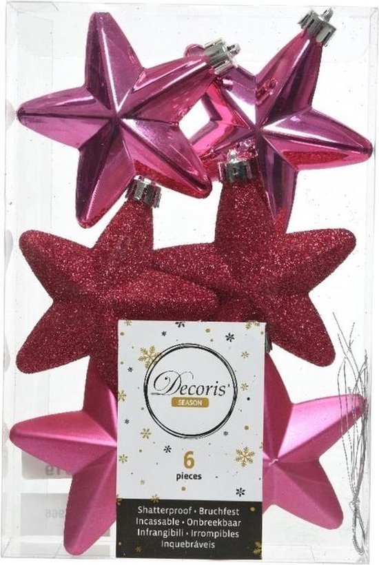 6x Fuchsia roze sterren kerstballen 7 cm Glans/mat/glitter