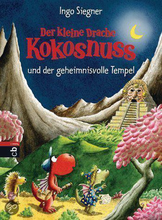 Boekcover 'Der kleine Drache Kokosnuss 21 und der geheimnisvolle Tempel' met rode draak en gele draak voor een tempel.