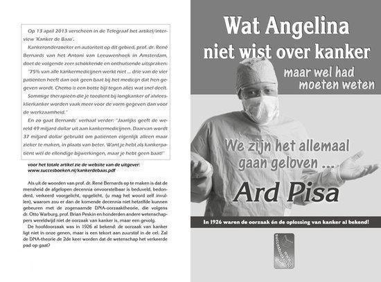 Open boekpagina's met tekst en een afbeelding van een arts. Links: Tekst over een krantenartikel. Rechts: 'Wat Angelina niet wist over kanker maar wel had moeten weten'.