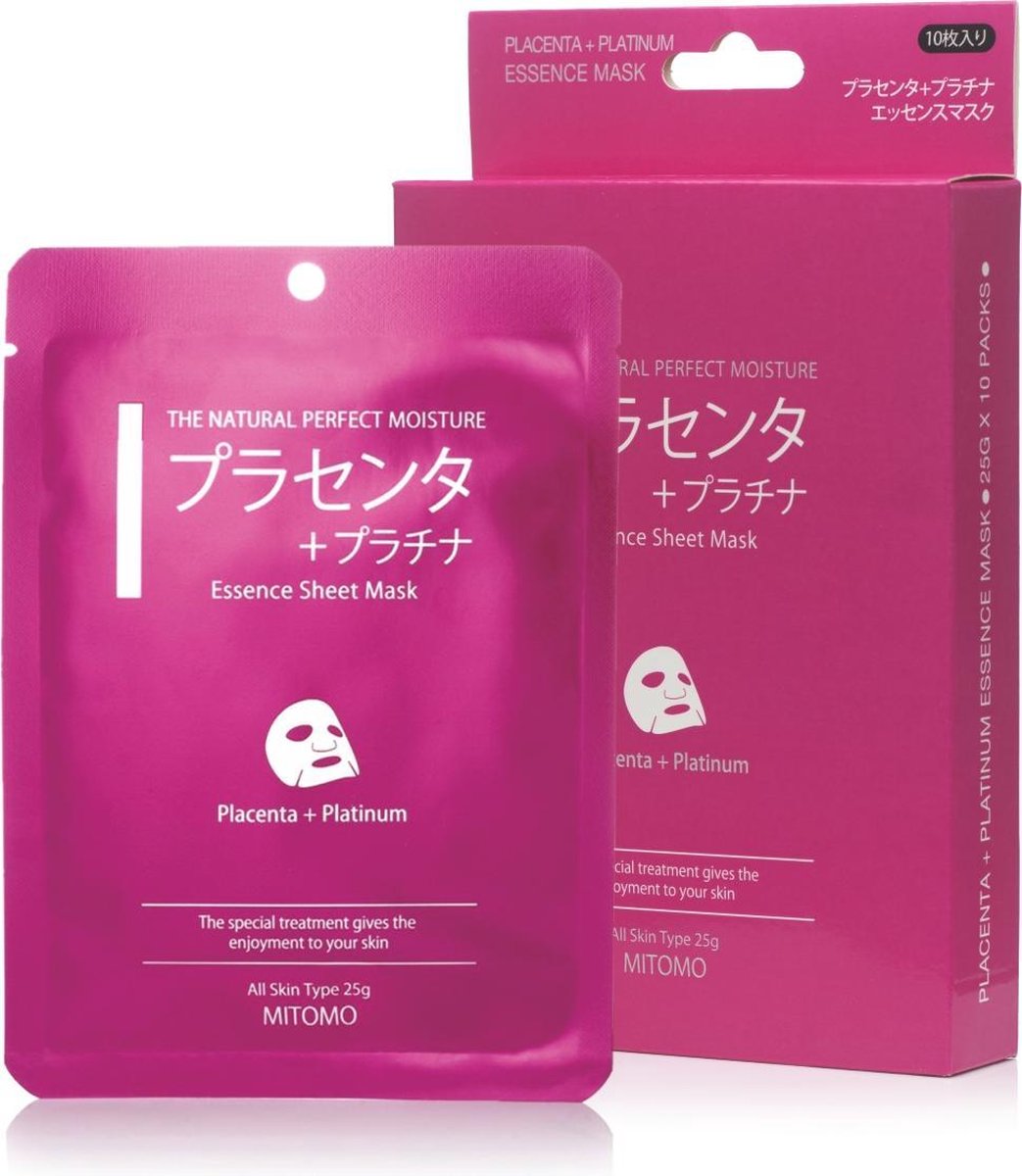 Mitomo - Placenta Platinum Masker - Japans Hydraterend Verzorgende Anti Rimpel Gezichtsmasker - Hyaluronzuur - RH-Oligopeptide1- Glycerine Face Mask - Gezichtsverzorging Vrouw - J-Beauty Skincare Rituals - 6 Stuk