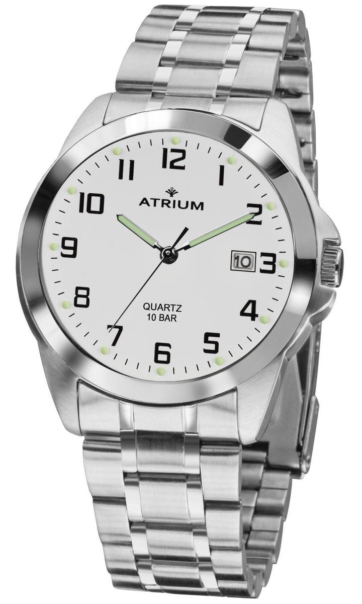 ATRIUM Horloge - Heren - 10 bar - Analoog - Zilver- Wit - Edelstaal - Datum - Quarts uurwerk - Edelstalen sluiting - A16-30