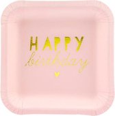 borden Happy Birthday, licht roze, 14x14 cm. (1 zakje met 6 stuks)