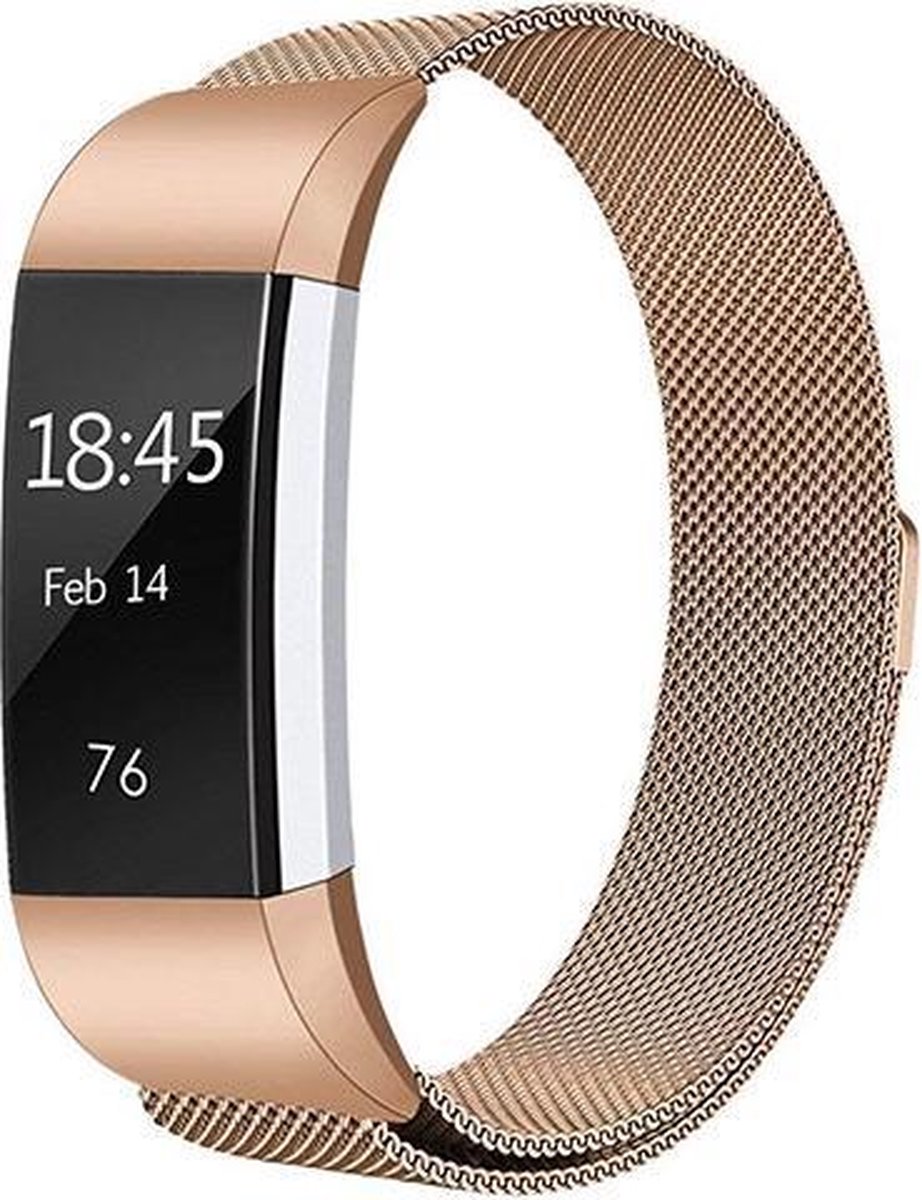Milanees bandje geschikt voor Fitbit Charge 2 - Met magneetsluiting - Gemaakt van RVS - KELERINO. - Rose Gold - Small