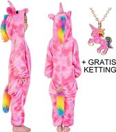 Eenhoorn Onesie Unicorn roze huispak kostuum kinderen - 140-146 (140) + ketting verkleedkleren meisje