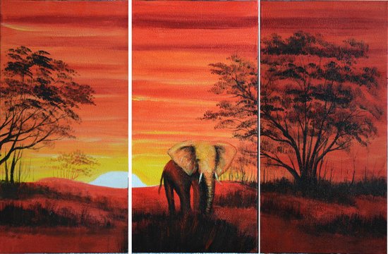 Peinture éléphant Afrique 3 pièces 90 x 60 Artello à la main - Peinture de salon - Peinture de chambre - Toile - Moderne - Animaux