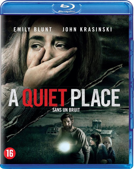 De poster van "A Quiet Place" toont Emily Blunt die haar mond bedekt, met John Krasinski en twee kinderen onder een boerderij.