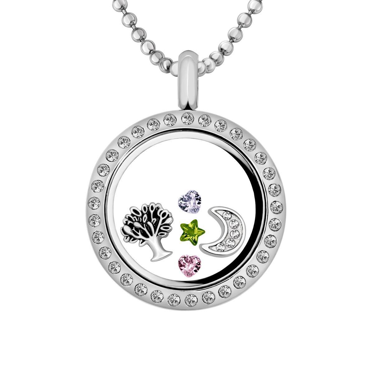 Quiges Memory Medaillon RVS 25mm met Ketting 70cm en 5 Floating Charms - CLS018