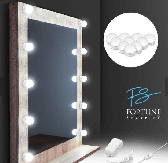 Binnenshuis Spiegellampen – Badkamerverlichting - Spiegelverlichting set met 10 LED lampen voor een Kaptafelspiegel – Make up spiegel LED verlichting – Theaterspiegel LED - incl. adapter, dimmer – totaal 4 mtr. - Fortune Shopping