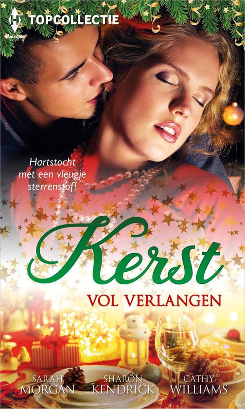 Gouden sterren op roze achtergrond, boven een stel dat elkaar kust. Titel: Kerst vol verlangen.