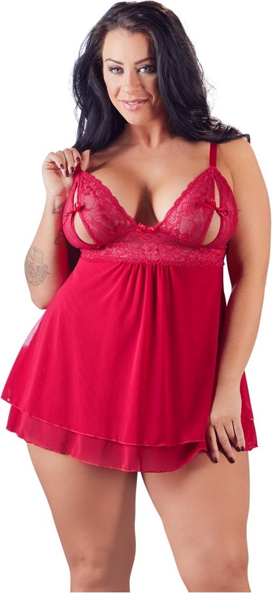 Goedkoopste Cottelli Plus Size – Erotische Babydoll met Kanten Buste Motieven en Open Cups – Maat 3XL – Rood