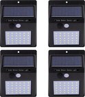 Vier zwarte solar wandlampen met zonnepaneel, bewegingssensor en 20 LED-lampjes.