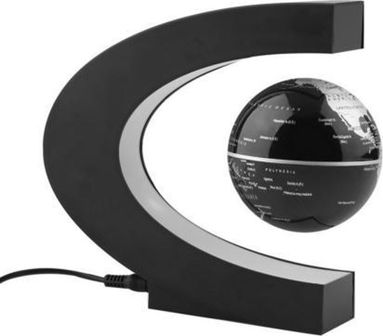 Zwevende Wereldbol zwart-zilver ø 9 cm in C- frame - Met LED verlichting