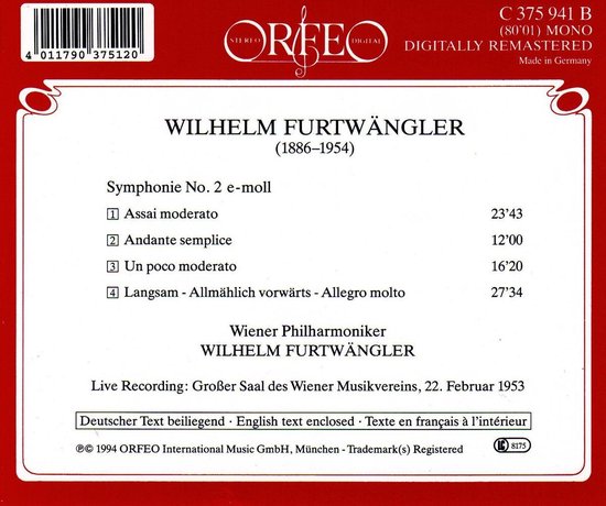 Symphonie No.2, Wilhelm Wiener Philharmoniker CD (album) Muziek bol