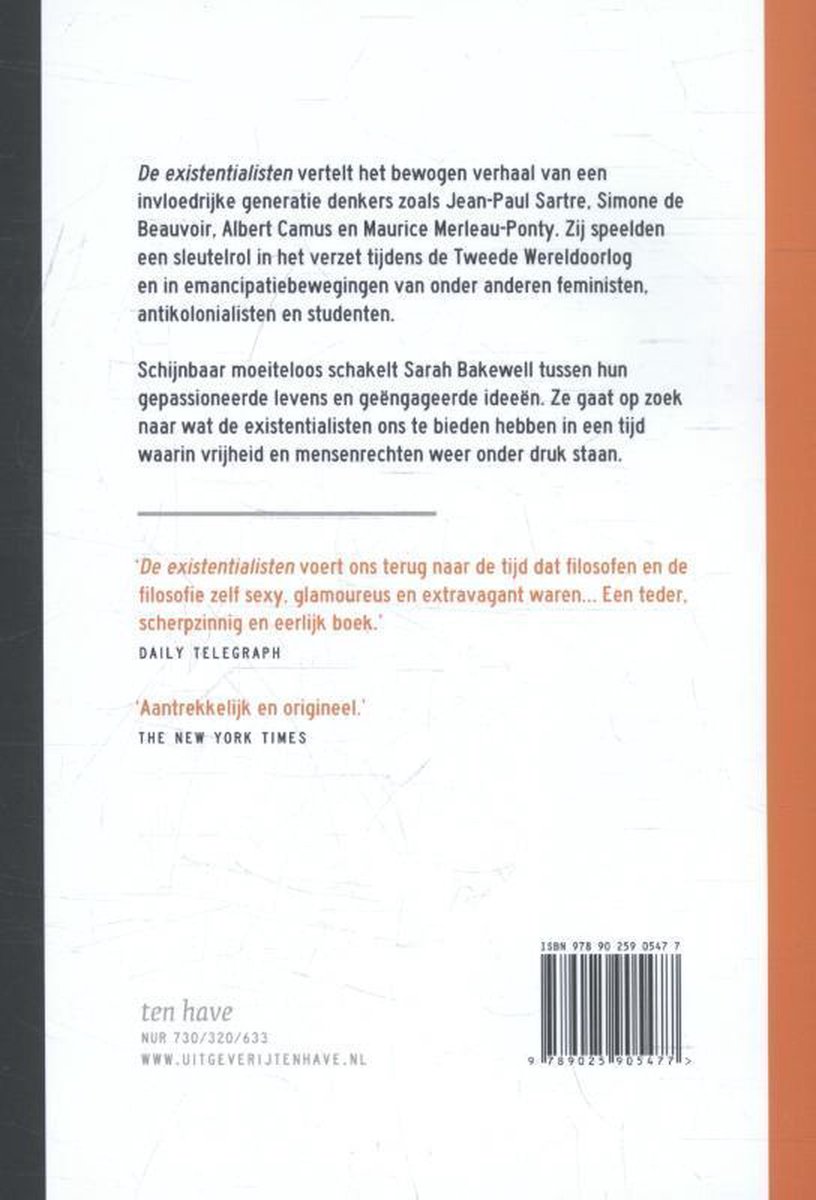 Achterkant van het boek 'De Existentialisten' met tekst en ISBN-barcode.